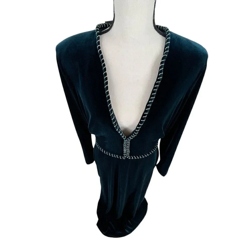 $4295 Monique Lhuillier 14 Plunging Crystal embellished Velour Gown elegant - Picture 6 of 14